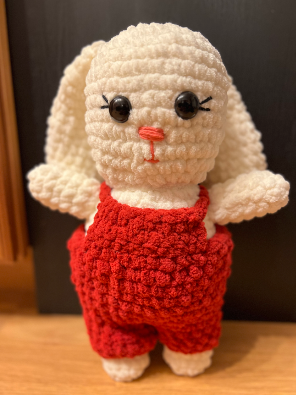 Plushie Bunny in Red Overalls (Made to order)